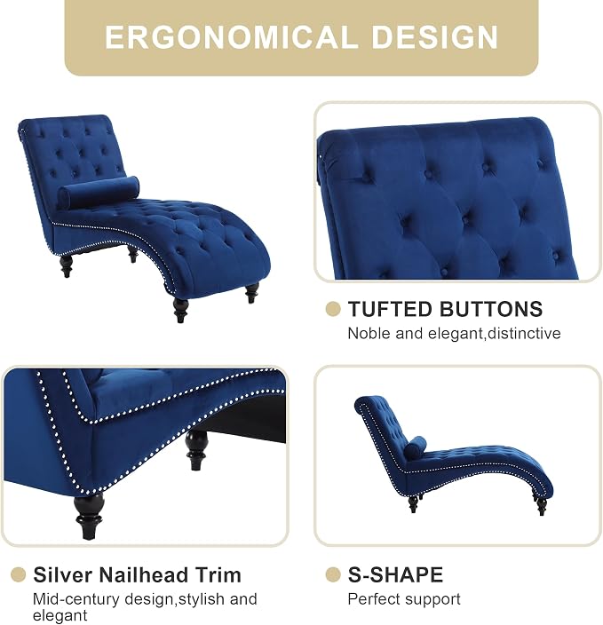 Chaise Lounge Indoor, Velvet Upholstered Lounge Chair Button-Tufted Armless - Image 4