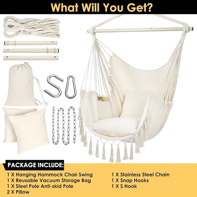 Y- STOP Hammock Chair Hanging Rope Swing, Max 500 Lbs, 2 Cushions Included - Image 7