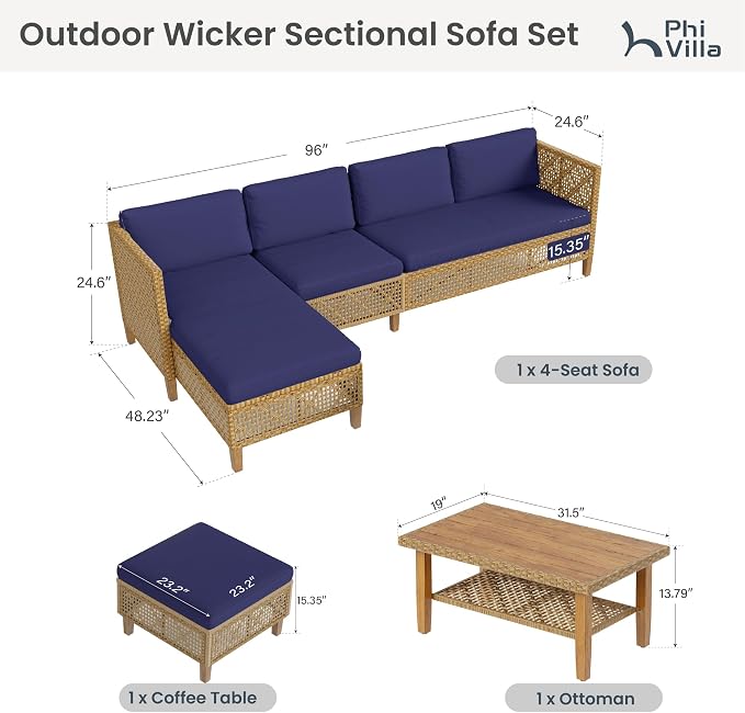 PHI VILLA Wicker Patio Furniture Set, Outdoor Sectional Couch - Image 2