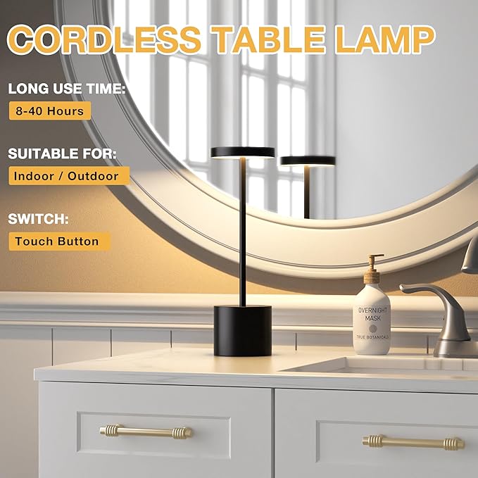 Black Cordless Table Lamp, 4000mAh Rechargeable Battery Powered Lamps, 3 Color - Image 2