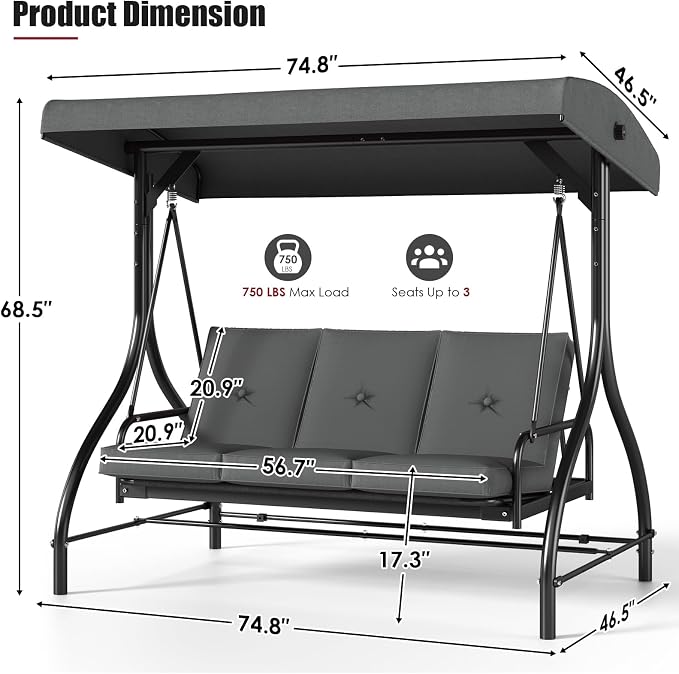 MAMIZO 3-Seat Patio Swing with Adjustable Canopy & Backrest, Outdoor Porch - Image 2