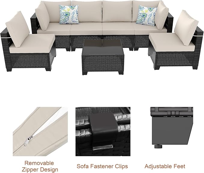 7 Pieces Outdoor Conversation Sectional Rattan Sofa, Patio Furniture Set - Image 5