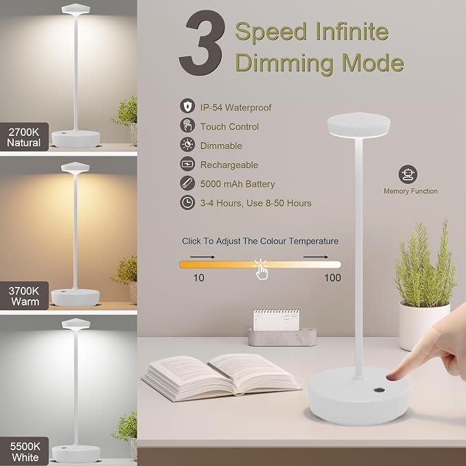 LED Cordless Table Lamp, Rechargeable Battery Operated 3 Levels Brightness - Image 2