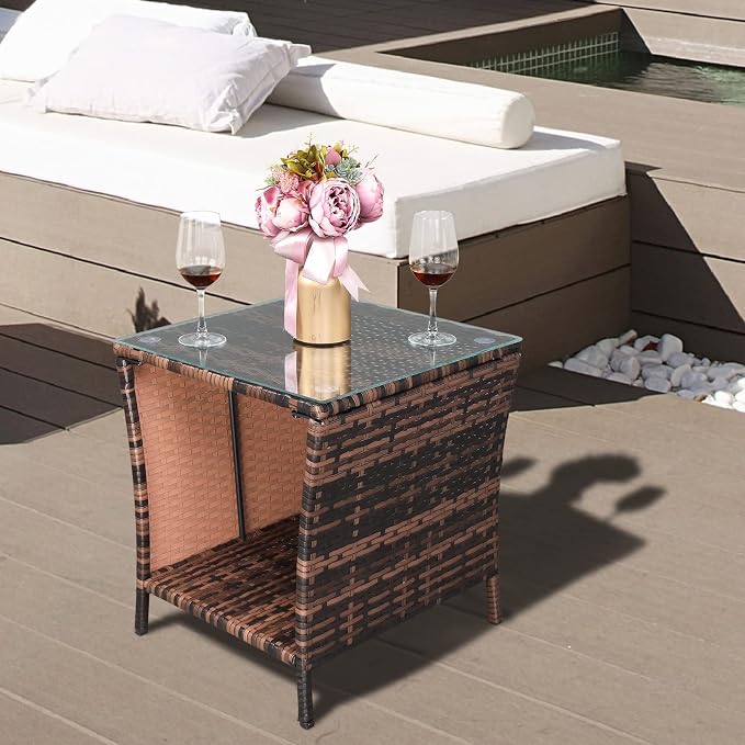 VINGLI Outdoor Wicker Side Table Patio Side Tables - Image 6