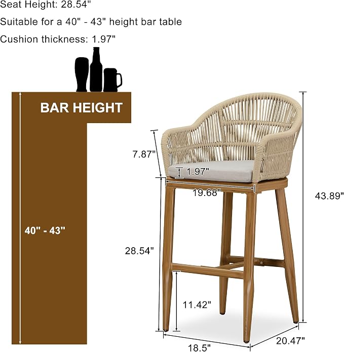 PURPLE LEAF Outdoor Bar Height Stools Set of 2 Patio Metal Modern Wicker Rattan - Image 2
