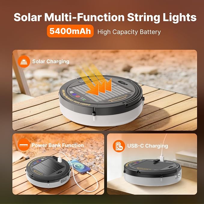 OGERY Solar Camping String Lights, 5400mAh/ 49.2FT/ 11 Modes Rechargeable - Image 4