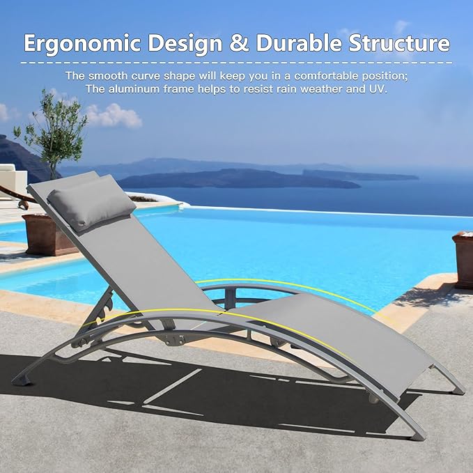 Domi Pool Lounge Chairs Set of 3, Adjustable Aluminum Outdoor Chaise Lounge - Image 5