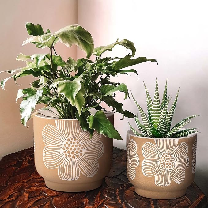 YBX 8 Inch + 6 Inch White Flower Pattern Plant Pots, Sand Glazed Ceramic Planter - Image 7