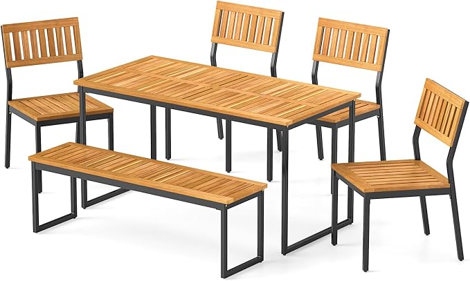 Tangkula 6 Pieces Outdoor Acacia Wood Dining Set, Patio Table and Chairs Set - Image 9
