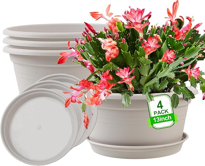 Large 4 Pack 13 inch Plant Pots, Round Plastic Pots by NNARRE