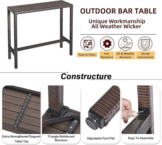 Outdoor Bar Table Patio Counter Height Table 45" Long Wicker High Top Pub Table - Image 7