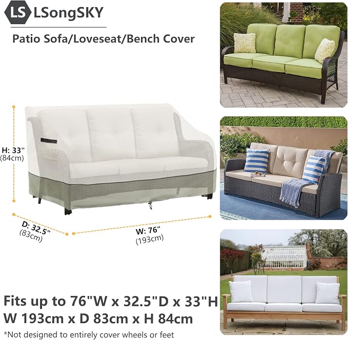 Patio 3-Seater Sofa Cover, Outdoor Couch Cover Fits up to 76W x 32.5D x 33H - Image 3