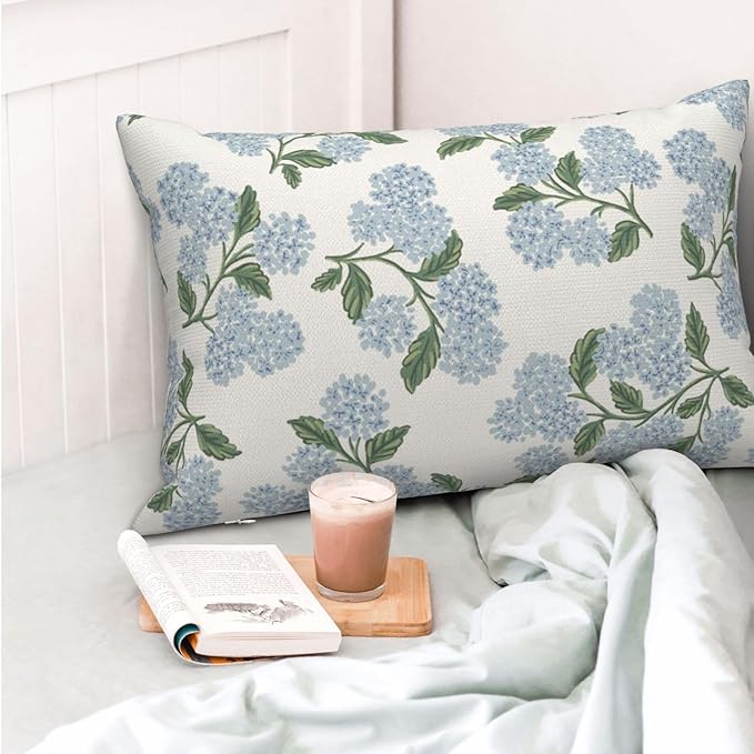 Spring Pillow Covers 12x20 Inch 2 Pcs Blue Green Hydrangea Flower Decor Throw - Image 2