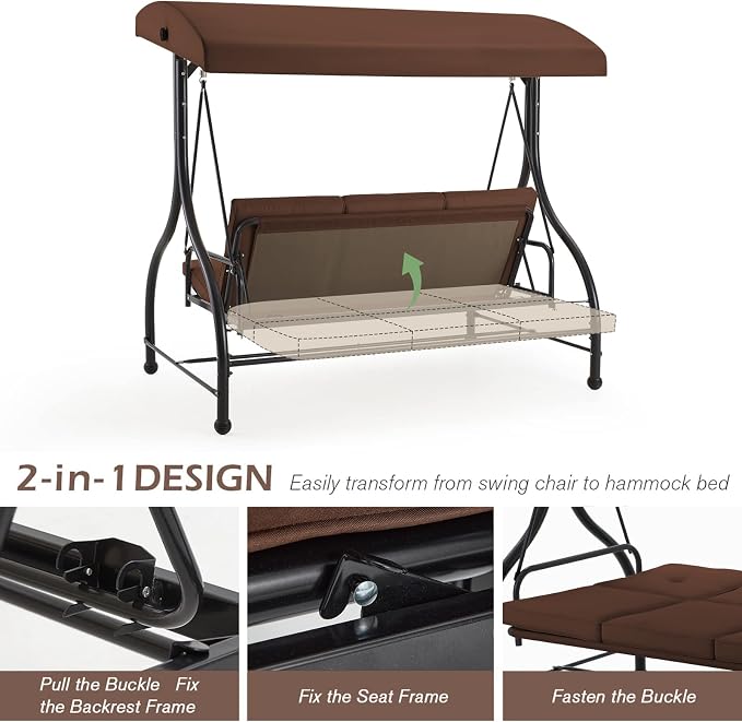 AECOJOY Porch Swing Chair, 3 Seats Porch Swing Adjustable Backrest & Canopy - Image 2