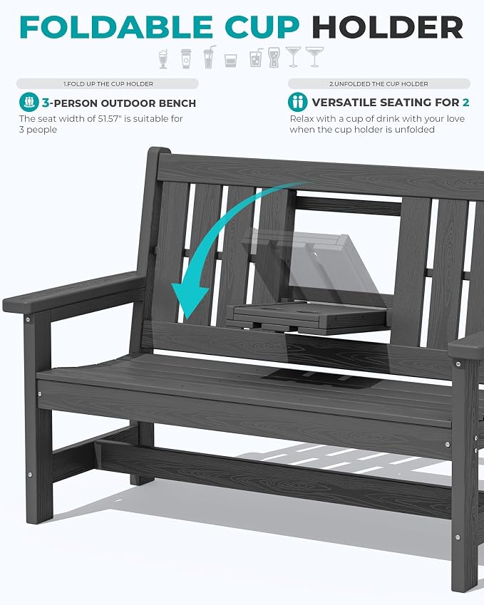SERWALL Outdoor Bench with Cup Holder, All Weather Patio Benches with High - Image 6