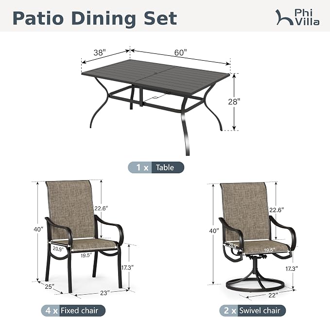 PHI VILLA Patio Dining Set for 6 Person, Rectangle Metal Table - Image 9