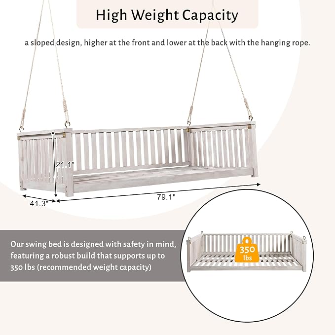 Patio Twin Size Garden Swing Daybed, Acacia Wood Porch Swing - Image 3