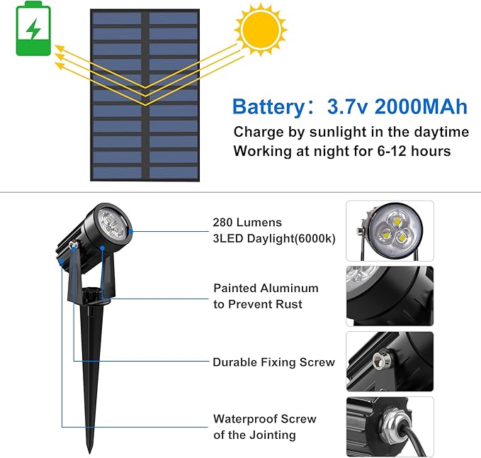 Solar Spot Lights Outdoor, Solar Landscape Spotlights IP65 Waterproof 9.8ft - Image 4