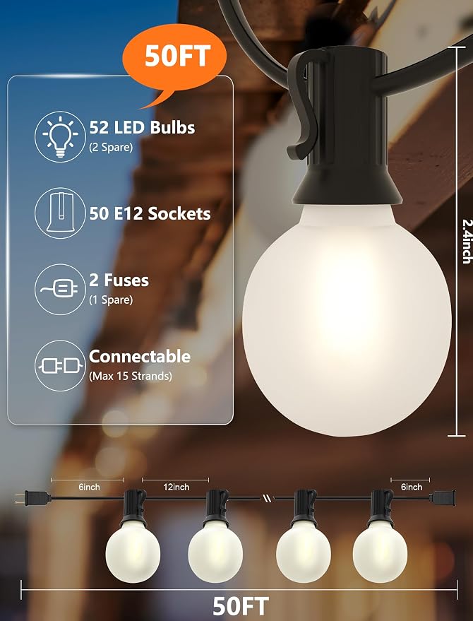 SUNSGNE G40 Outdoor String Lights Waterproof, 50FT Outdoor Hanging Lights - Image 2