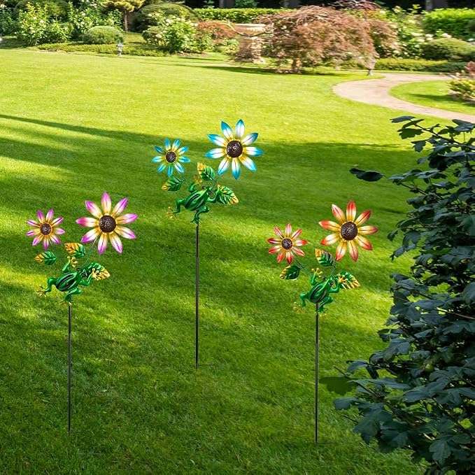 3 Pack Frog＆Flowers Garden Stakes Decor, Metal Yard Art Decorative Garden Stakes - Image 7