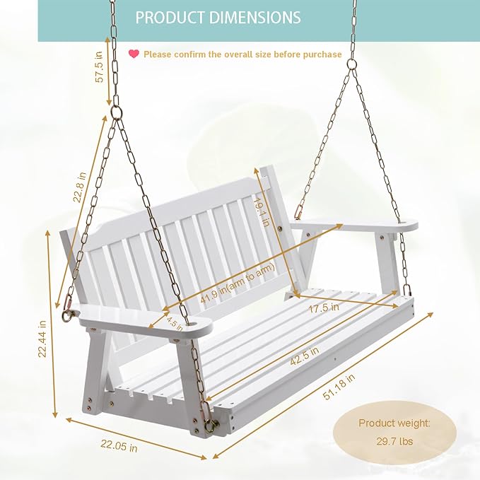 Anraja Wooden Porch Swing 2-Seater, Bench Swing - Image 3