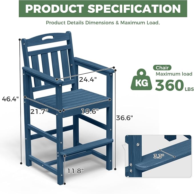 HDPE Outdoor Patio Tall Bar Chair, All-Weather Bar Height Balcony Adirondack - Image 4