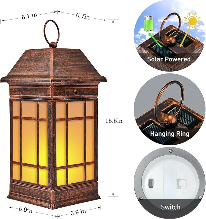 15.5" Solar Lantern Outdoor Waterproof, Glass Flickering Flame Solar Lanterns - Image 4