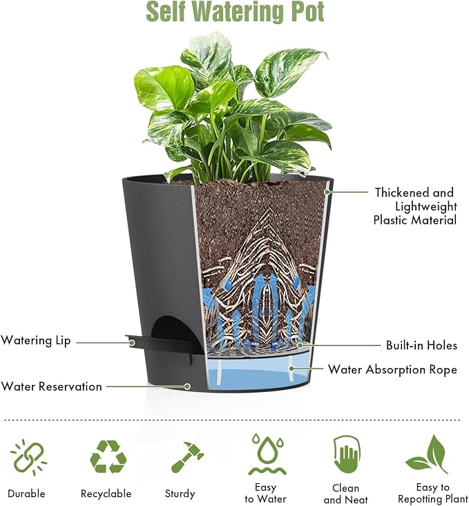 4 inch Self Watering Pots for Indoor Outdoor Plants, 6 Pack Plastic Flower - Image 5