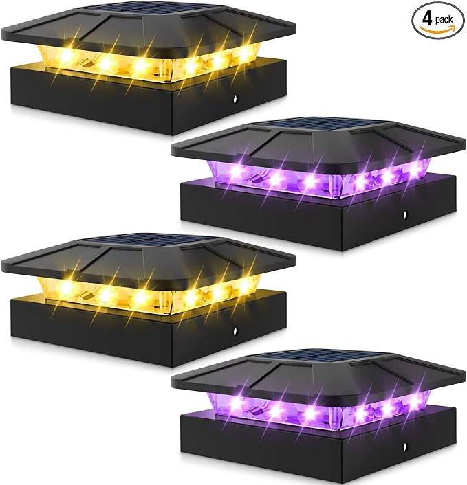 Peasur 4x4 Solar Post Lights Outdoor, 4 Packs Purple & Warm White LED Fence by Peasur