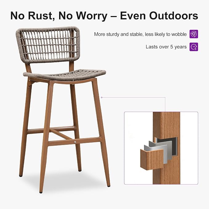 PURPLE LEAF Bar Stools Set of 4 Patio Wicker Bar Height Metal Chairs Boho High - Image 7