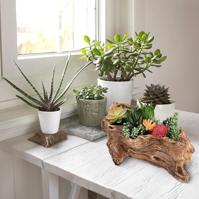 Tebery Artificial Driftwood Stump Log Planter Vintage Cactus Container - Image 4