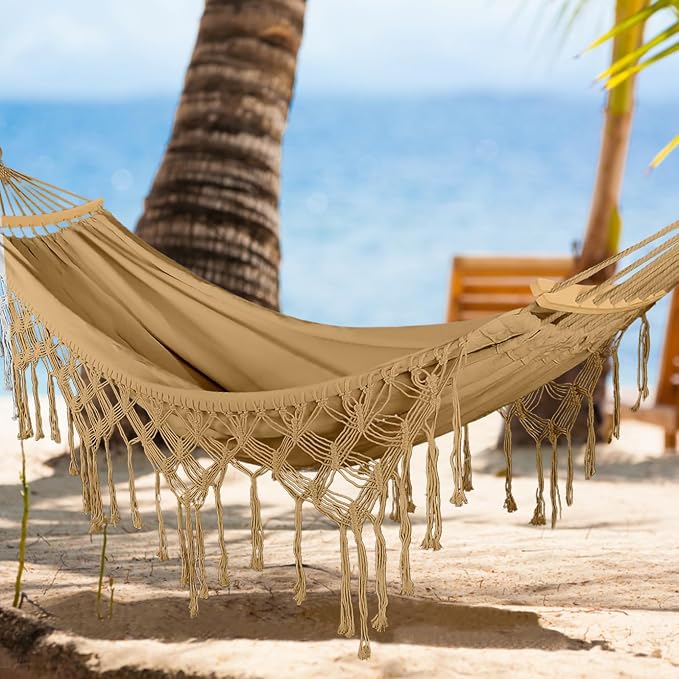 MOSFiATA Backyard Hammock with Tassels Max 500lbs Canvas Fabric Bohemian Style - Image 6