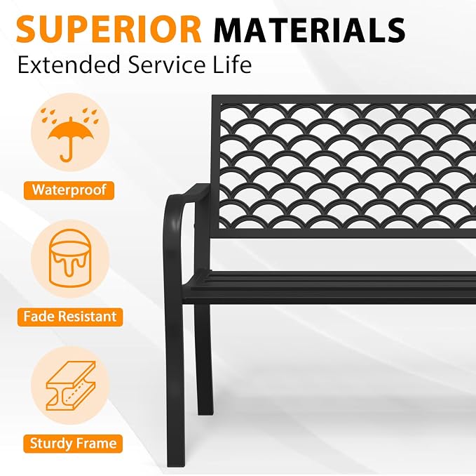 Outdoor Bench Garden Bench, Iron Metal Frame Outdoor Benches Weatherproof - Image 4