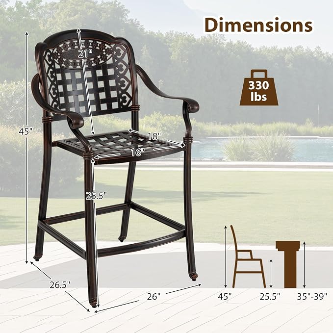 Giantex Outdoor Bar Stools Set of 2 Cast Aluminum, 25.5'' Counter Height Bar - Image 3