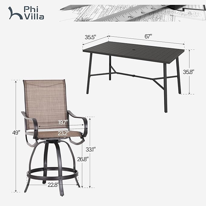 PHI VILLA 7 Piece Outdoor Bar Set, Counter Height Patio Bar Furniture Rectangle - Image 7