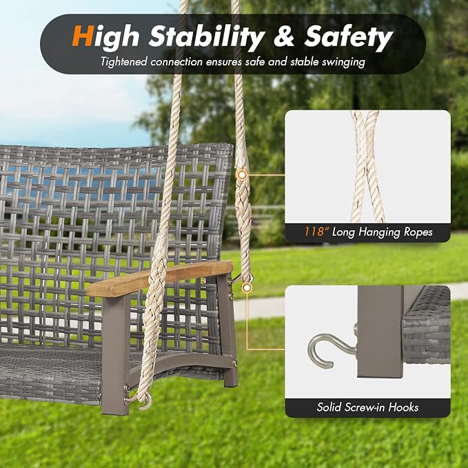 Happygrill 2-Person Patio Porch Swing Chair, Outdoor Rattan Swing Bench - Image 5