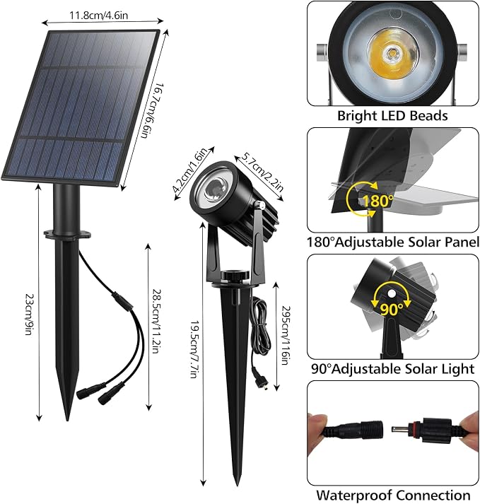 T-SUN Solar Spotlights 2W Outdoor LED Landscape Spot Light, 2-in-1 Waterproof - Image 8