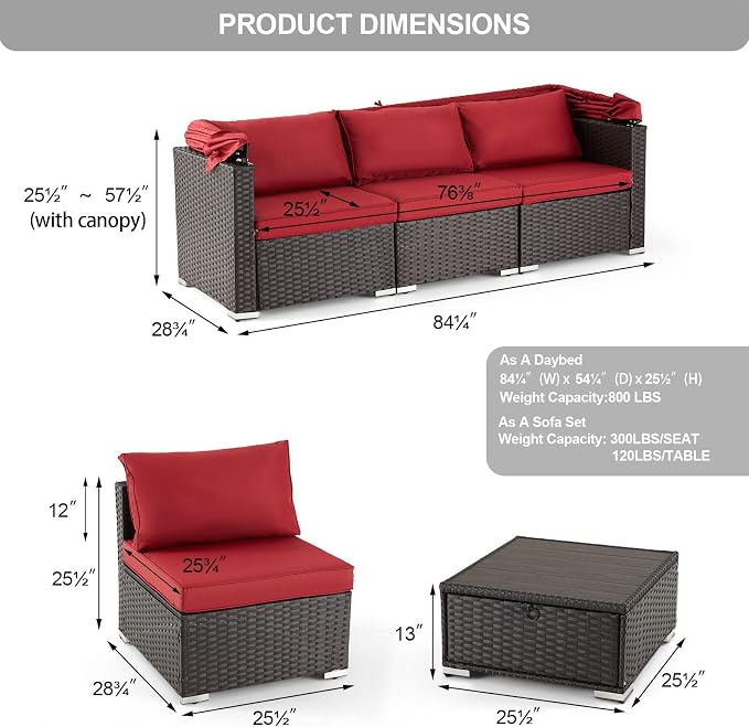 Vicluke 6 Pieces Patio Conversation Sets, Rectangle Wicker Daybed - Image 7