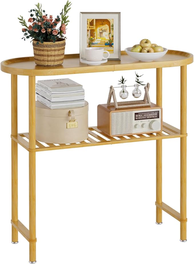 Small Entryway Table Bamboo 30.7", Narrow Hallway Table Oval Top 2-tier - Image 9