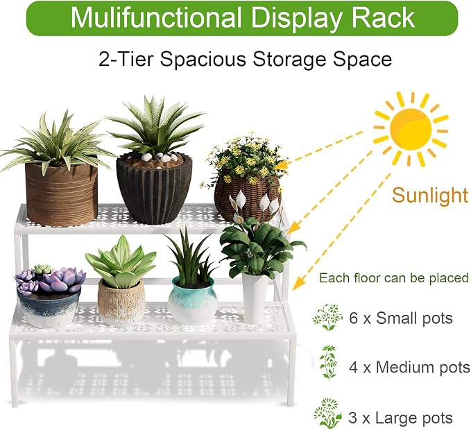 Metal Plant Stand Metal 2 Tier Potted Multiple Flower Pot Holder Plant Shelf - Image 5