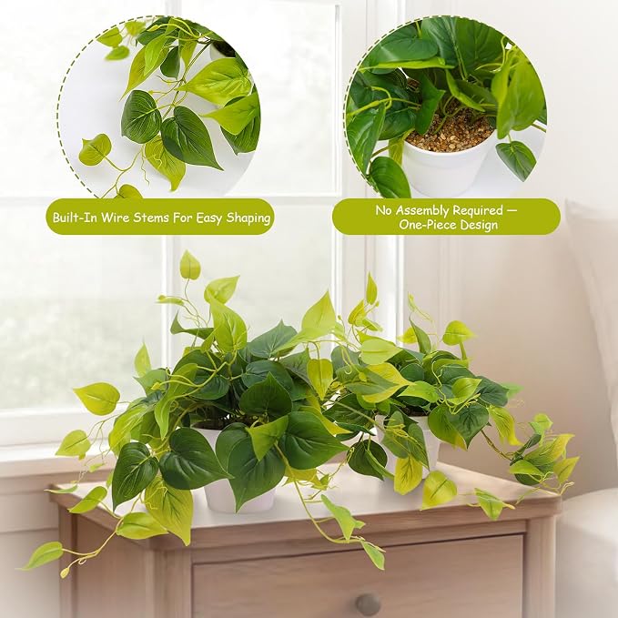 alyptus Fake Pothos Hanging Plants – Set of 2 Faux Ivy Vines Realistic Silk - Image 3