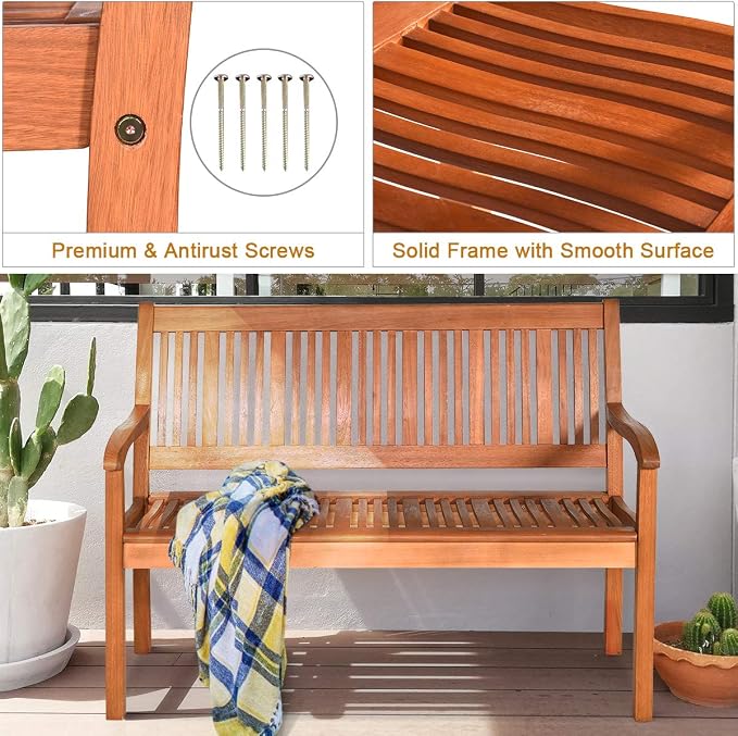 Tangkula Outdoor Wood Garden Bench, Curved Armrest, Large Wooden Loveseat Bench - Image 7