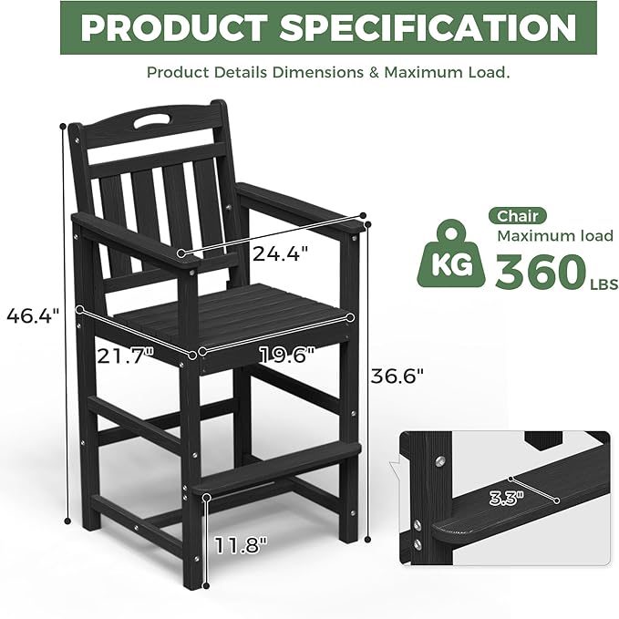 Outdoor Patio Bar Height Chair, All-Weather HDPE Tall Balcony Adirondack Stools - Image 4