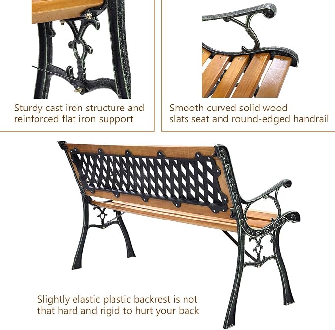 Giantex 50'' Patio Bench, Outdoor Furniture Cast Iron Hardwood Frame Porch - Image 4
