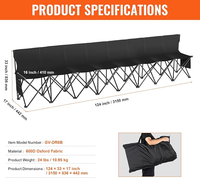 VEVOR Portable Folding Bench, 8 Seats Foldable Sideline Bench, Outdoor Camping - Image 9