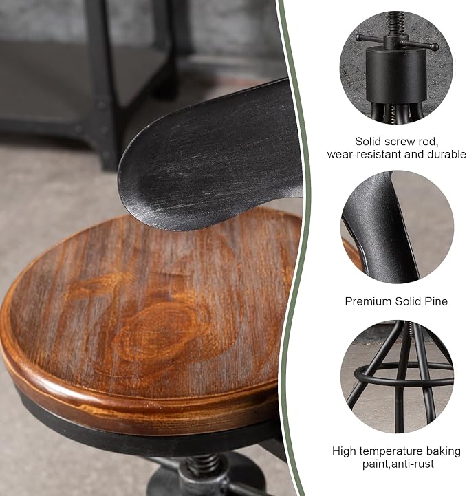 LOKKHAN Set of 2 Rustic Industrial Bar Stool-24-30 Tall Adjustable Metal Swivel - Image 7