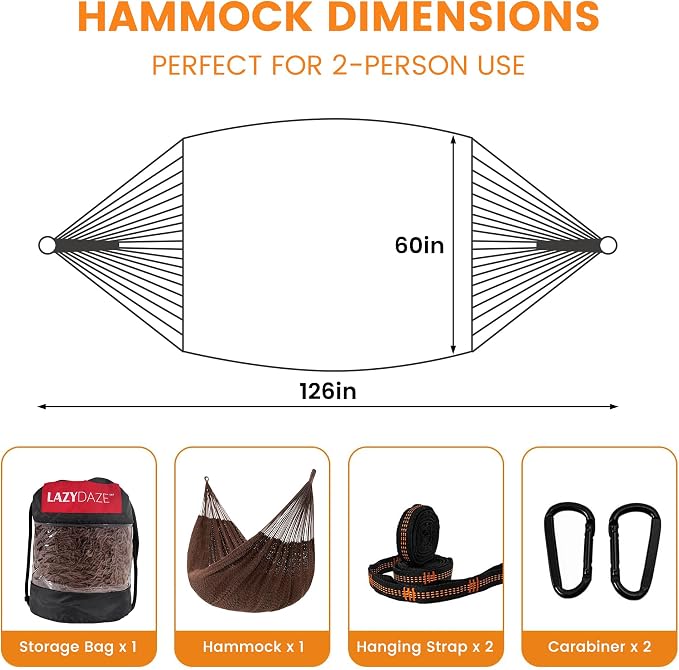 Lazy Daze Hammocks Handwoven Mayan Hammock, 10.5 FT Soft Rope Double Hammocks - Image 3