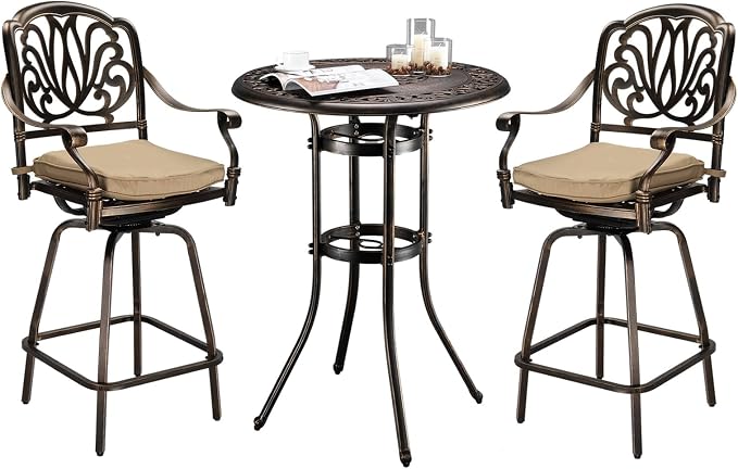 VINGLI 3 Piece Outdoor Bar Set, Cast Aluminum Outdoor Swivel Bar Stools and by VINGLI