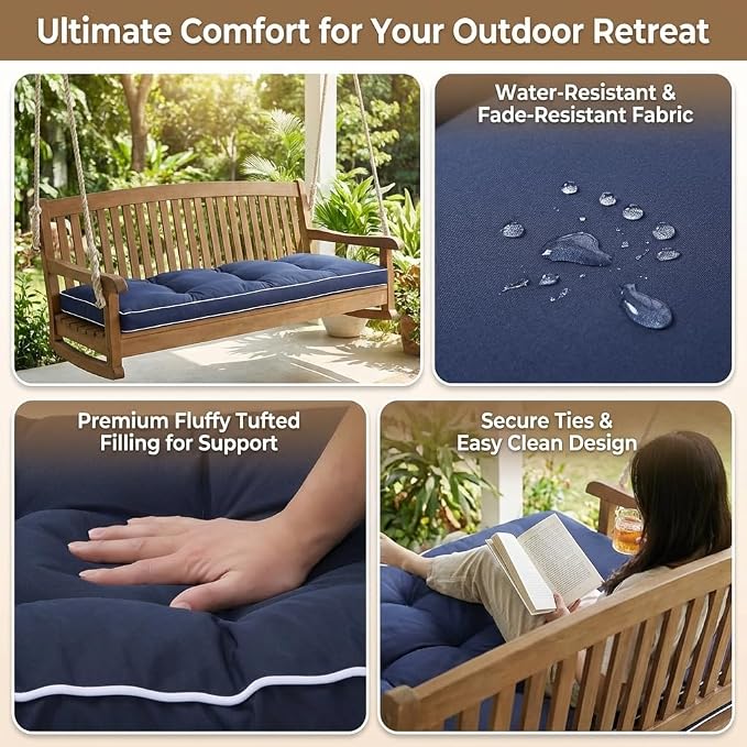 3 Seat 57 Inches Outdoor Porch Swing Cushions, Water-Resistant Tufted Patio - Image 3