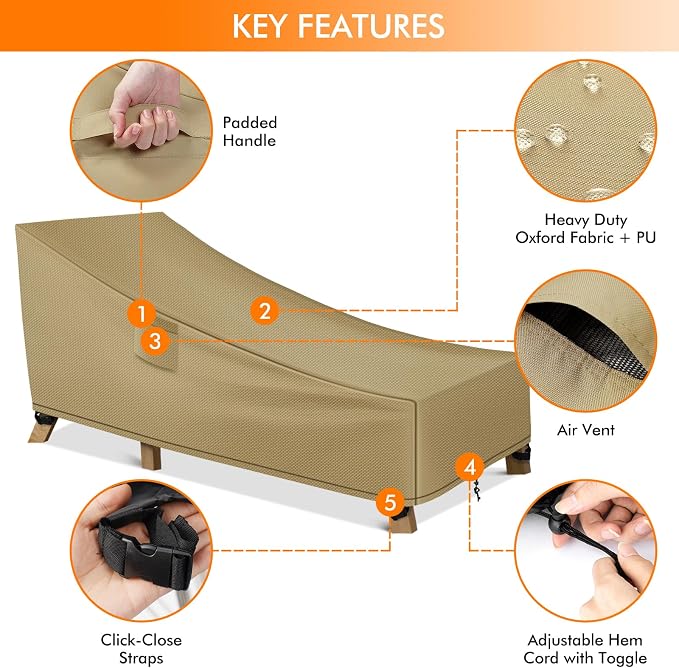 WLEAFJ Patio Chaise Lounge Cover Waterproof, Heavy Duty Outdoor Lounge Chair - Image 3
